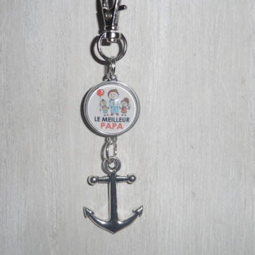 Porte clés cabochon " le meilleur papa " dessins d'enfants avec leur papa sur fond blanc et ancre de marine. 