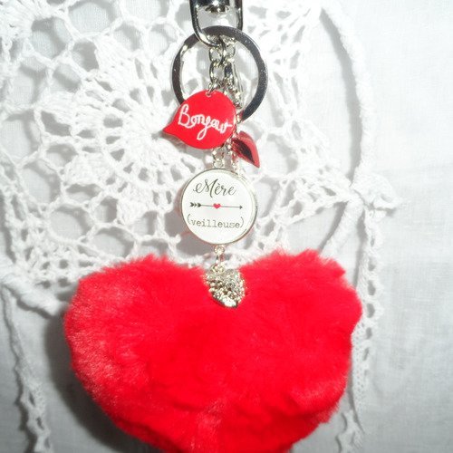 Porte-clés / bijou de sac fête des mères  " mère.....veilleuse " avec pompon coeur rouge