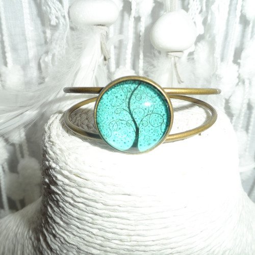 Bracelet réglable métal bronze cabochon en verre " arbre de vie " turquoise