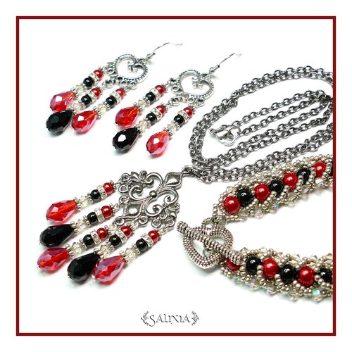 Collier "anastasia" pendentif gunmétal style médiéval cristal aurore boréale perles nacrées (#c8 p7)