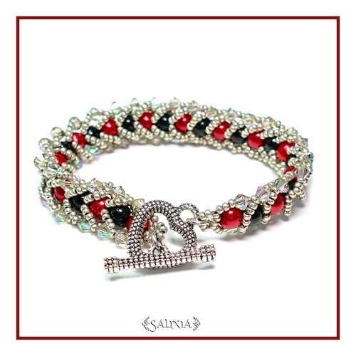 Bracelet "anastasia" tissé à l'aiguille perles japonaises cristal aurore boréale perles rouge noires toggle ou mousqueton (#sp8 p7)