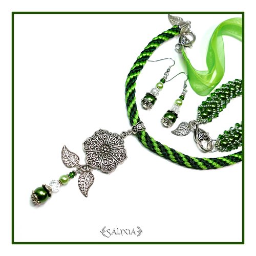 Collier fleur "julianna" tressage kumihimo cristal et perles nacrées (#c14 p13)