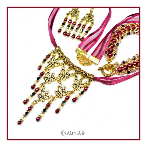 Collier esmeralda cristal perles nacrées rubans en organza (#c15 p14)