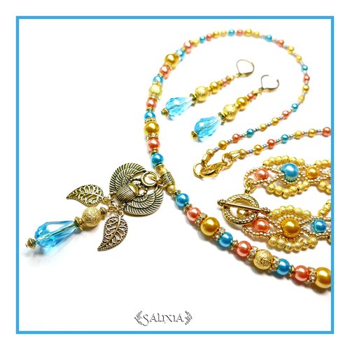 Collier nil doré, style égyptien perles couleur turquoise, tangerine et doré (#c17 p16)