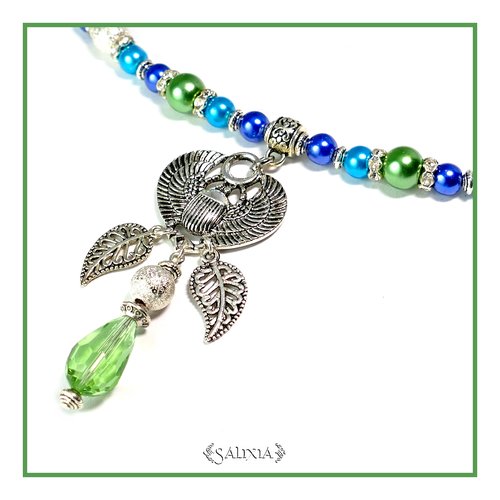 Collier nil argenté style égyptien perles nacrées bleu nuit turquoise et vertes (#c18 p17)