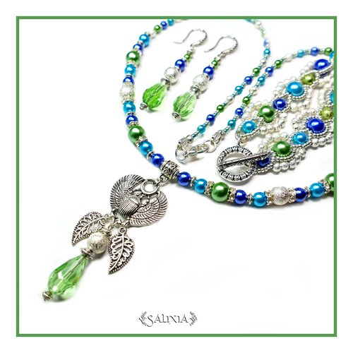 Collier nil argenté style égyptien perles nacrées bleu nuit turquoise et vertes (#c18 p17)