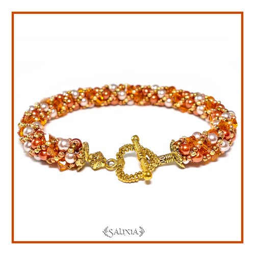 Bracelet "tangerine" cuivré tissé à l'aiguille perles japonaises cristal cuivré perles rouge indien et beige rosé (#sr13)
