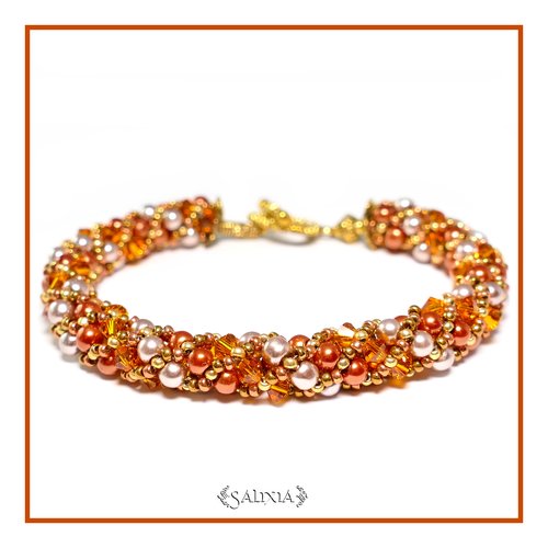 Bracelet "tangerine" cuivré tissé à l'aiguille perles japonaises cristal cuivré perles rouge indien et beige rosé (#sr13)