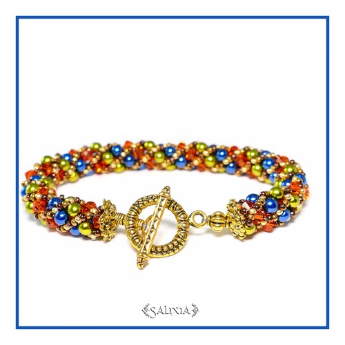 Bracelet "colors" tissé à l'aiguille perles japonaises cristal orangés perles bleu nuit et olivine (#sr16)