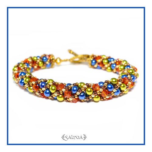 Bracelet "colors" tissé à l'aiguille perles japonaises cristal orangés perles bleu nuit et olivine (#sr16)