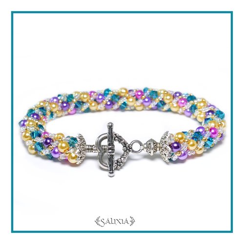 Bracelet "harlequin" tissé à l'aiguille perles japonaises cristal bleu vert perles jaunes roses et violettes (#sr20)