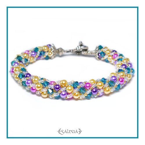 Bracelet "harlequin" tissé à l'aiguille perles japonaises cristal bleu vert perles jaunes roses et violettes (#sr20)