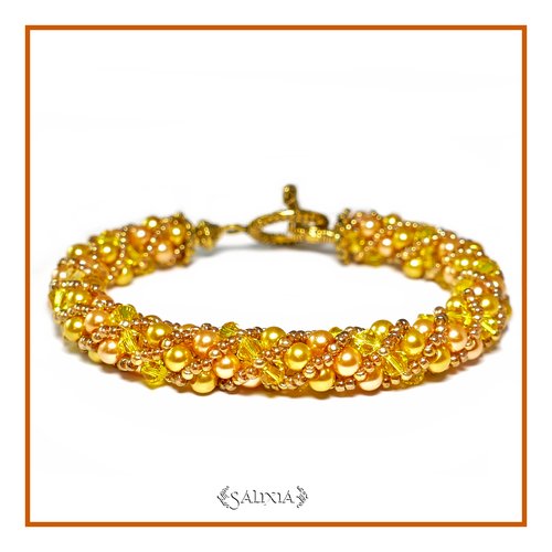 Bracelet "soleil" cuivré tissé à l'aiguille perles japonaises cristal jaune perles or cuivré et dorées (#sr23)