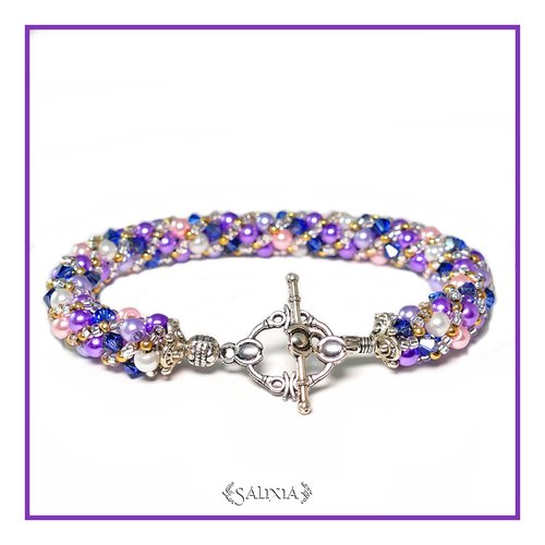 Bracelet "harmonie mauve" tissé à l'aiguille perles japonaises cristal saphir perles lande rose poudré et blanc (#sr24)