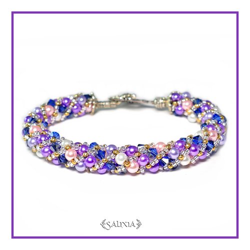 Bracelet "harmonie mauve" tissé à l'aiguille perles japonaises cristal saphir perles lande rose poudré et blanc (#sr24)