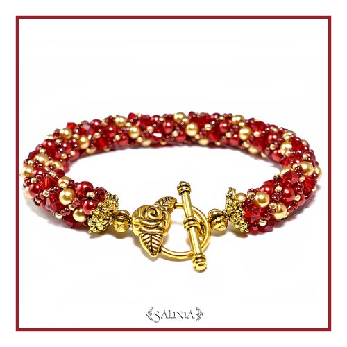 Bracelet "anna" tissé à l'aiguille perles japonaises cristal rouge perles rouges et dorées (#sr44 p25)