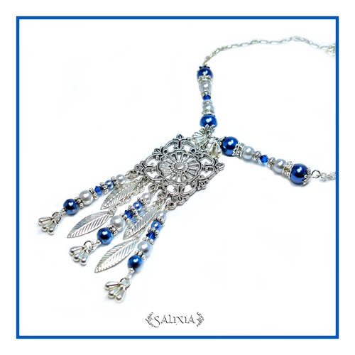 Collier marina en cristal et perles nacrées chaine et mousqueton en acier inoxydable (#c31 p30)
