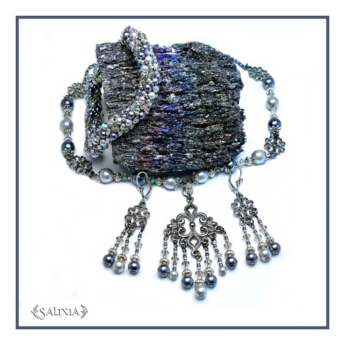 Collier "tatiana" style médiéval cristal perles nacrées mousqueton acier inoxydable (#c24 p23)