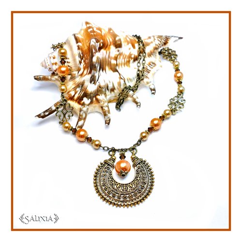 Collier "svetlana" pendentif ethnique cristal perles cuivrées (#c21 p20)