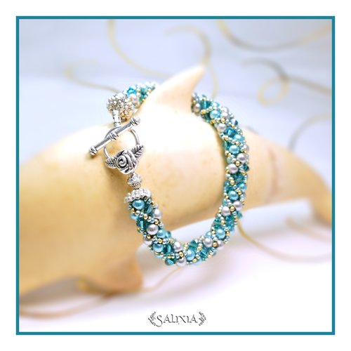 Bracelet "antartica" tissé à l'aiguille perles japonaises cristal turquoise perles bleu paon et gris acier (#sr34)