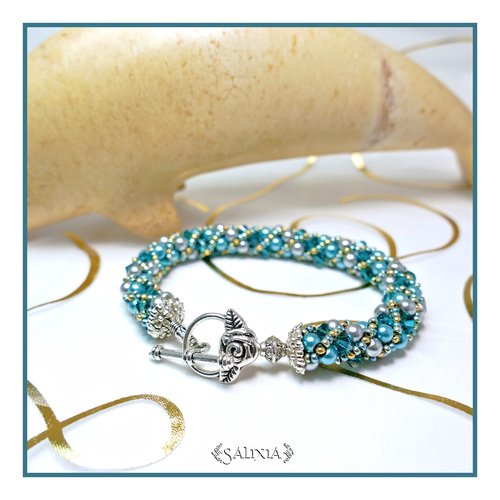 Bracelet "antartica" tissé à l'aiguille perles japonaises cristal turquoise perles bleu paon et gris acier (#sr34)