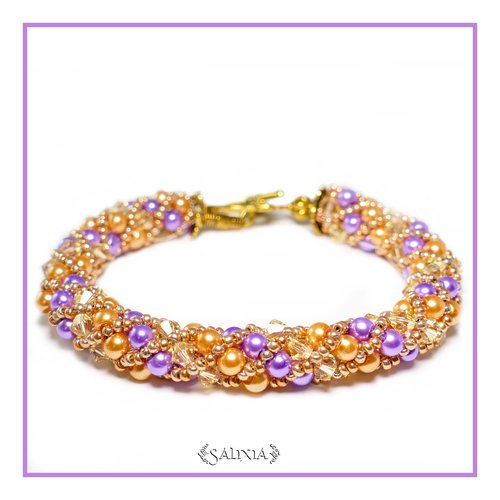Bracelet "printemps" pastel tissé à l'aiguille perles japonaises cristal jaune perles or cuivré et violet (#sr31)