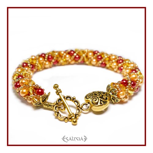Bracelet "volcano" tissé à l'aiguille perles japonaises cristal topaze perles rouge et or cuivré (#sr33)