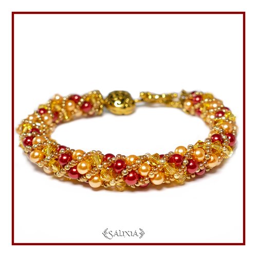 Bracelet "volcano" tissé à l'aiguille perles japonaises cristal topaze perles rouge et or cuivré (#sr33)