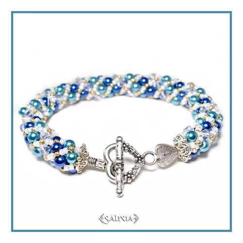 Bracelet "pacific blue" tissé à l'aiguille perles japonaises cristal lavande perles turquoise et bleu nuit (#sr30)