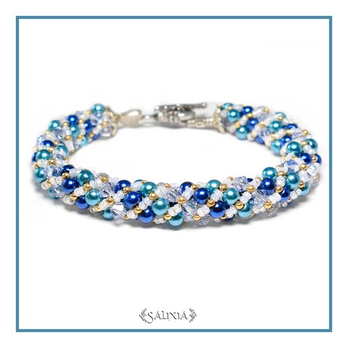 Bracelet "pacific blue" tissé à l'aiguille perles japonaises cristal lavande perles turquoise et bleu nuit (#sr30)