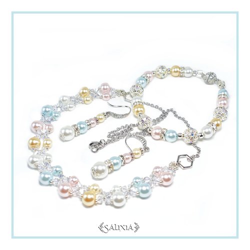 Collier tissé ilona argente cristal et perles nacrées chaine et mousqueton en acier inoxydable (#c30 p29)