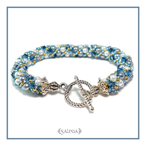 Bracelet "elena" tissé à l'aiguille perles japonaises cristal bleuté perles blanches et gris acier (#sr41 p26)