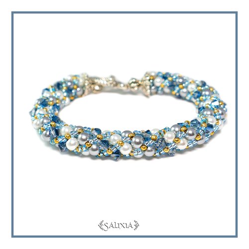 Bracelet "elena" tissé à l'aiguille perles japonaises cristal bleuté perles blanches et gris acier (#sr41 p26)