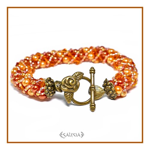 Bracelet "natalya" tissé à l'aiguille perles japonaises cristal rouge orangé perles or cuivré et rouge (#sr45 p27)