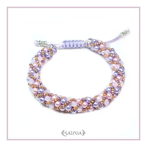 Bracelet "shana" tissé à l'aiguille perles japonaises cristal opale rose perles parme et bois de rose (#sr17 p42)