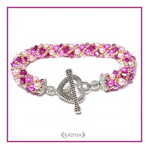 Bracelet "pinky" tissé à l'aiguille perles japonaises cristal fuchsia perles rose poudré et fuchsia (#sr28)