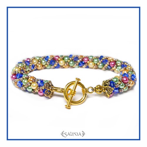 Bracelet "saphir festival" tissé à l'aiguille perles japonaises cristal saphir perles roses vertes et dorées (#sr22)