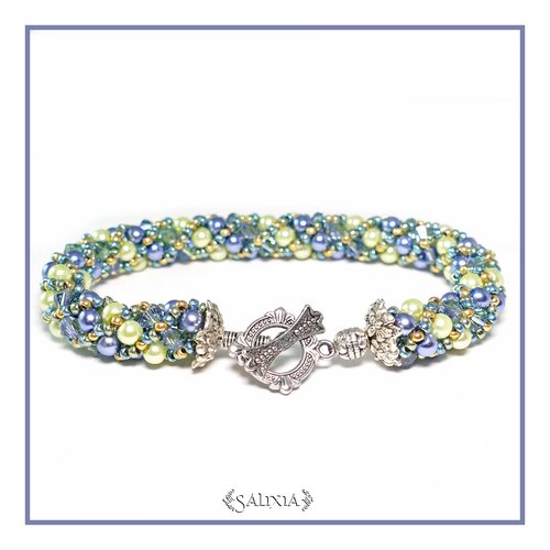 Bracelet "blue jean" tissé à l'aiguille perles japonaises cristal bleu vert perles vert clair et bleues (#sr15)
