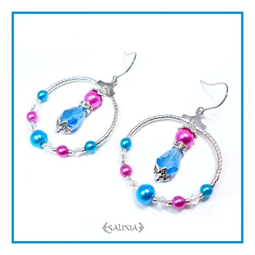 Boucles d'oreilles créoles turquoise et rose vif crochets en acier inoxydable (#bo62)