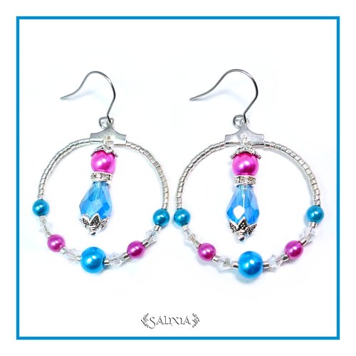 Boucles d'oreilles créoles turquoise et rose vif crochets en acier inoxydable (#bo62)