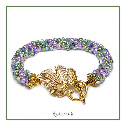 Bracelet "sara" esprit art nouveau tissé à l'aiguille perles japonaises cristal bleuté perles lavande et vertes (#sr43 p5)