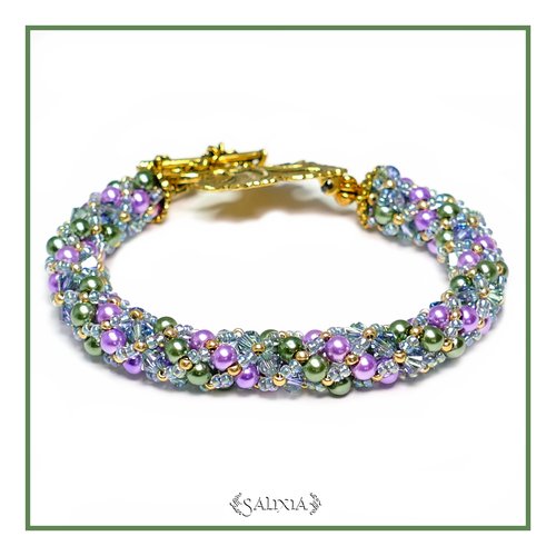 Bracelet "sara" esprit art nouveau tissé à l'aiguille perles japonaises cristal bleuté perles lavande et vertes (#sr43 p5)