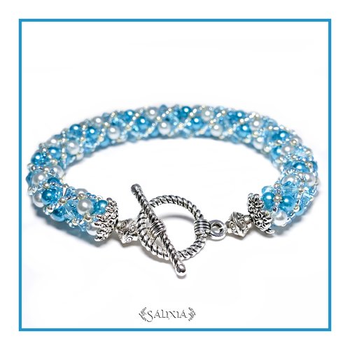 Bracelet "ivana" tissé à l'aiguille perles japonaises cristal turquoise perles turquoise et gris bleuté (#sr36 p22)
