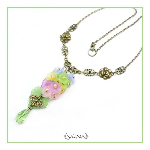 Pièce unique - collier vintage bronze petites fleurs pendentif cristal (#c35)