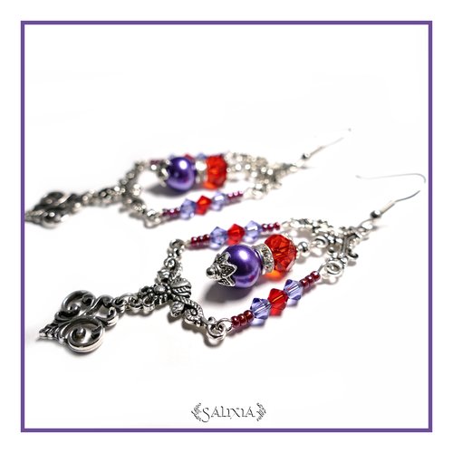 Boucles d'oreilles cristal et perles nacrées breloque fleur de lys crochets en acier inoxydable (#bo58)