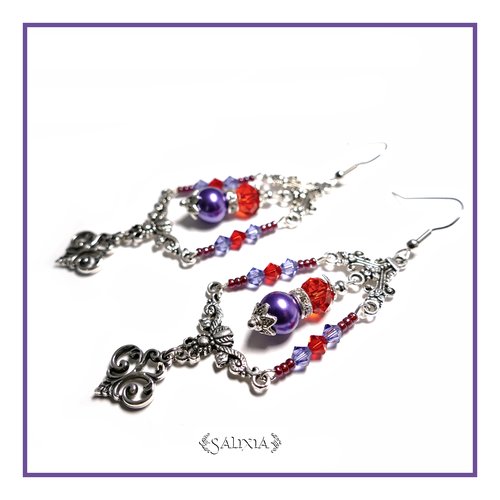 Boucles d'oreilles cristal et perles nacrées breloque fleur de lys crochets en acier inoxydable (#bo58)
