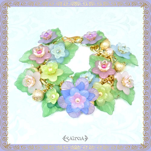 Collier primavera fleurs et perles nacrées, chaine et mousqueton acier inoxydable doré (#bl3)