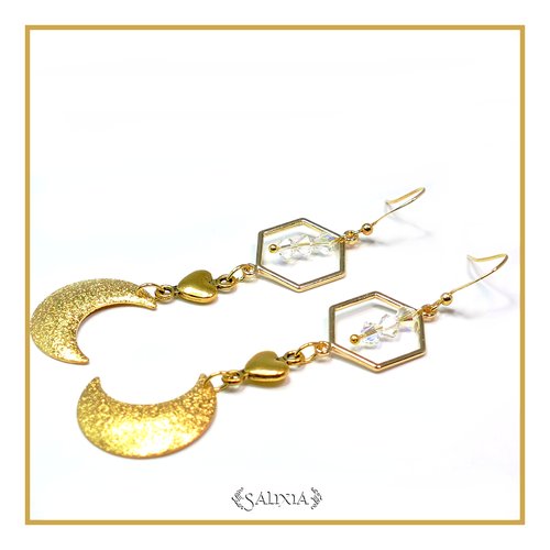 Boucles d'oreilles cristal aurore boréale et lune stardust crochets acier inoxydable doré (#bo69)