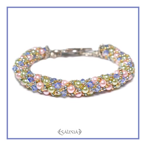 Bracelet "rêve pastel" au charme vintage tissé à l'aiguille perles japonaises cristal bleu ciel perles vert clair et rose poudré (#sr35)