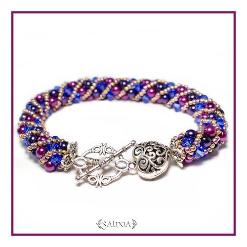 Bracelet "dark purple" tissé àl'aiguille perles japonaises cristal saphir perles prune et violet foncé (#sr32)